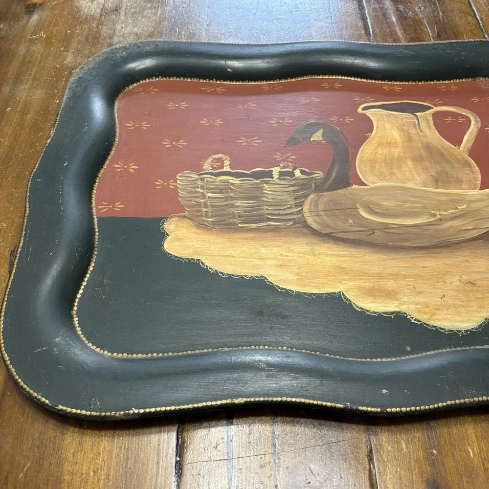 Vtg Hand Painted Metal Tray Goose Folk Art Serpentine Edges French Farmhouse